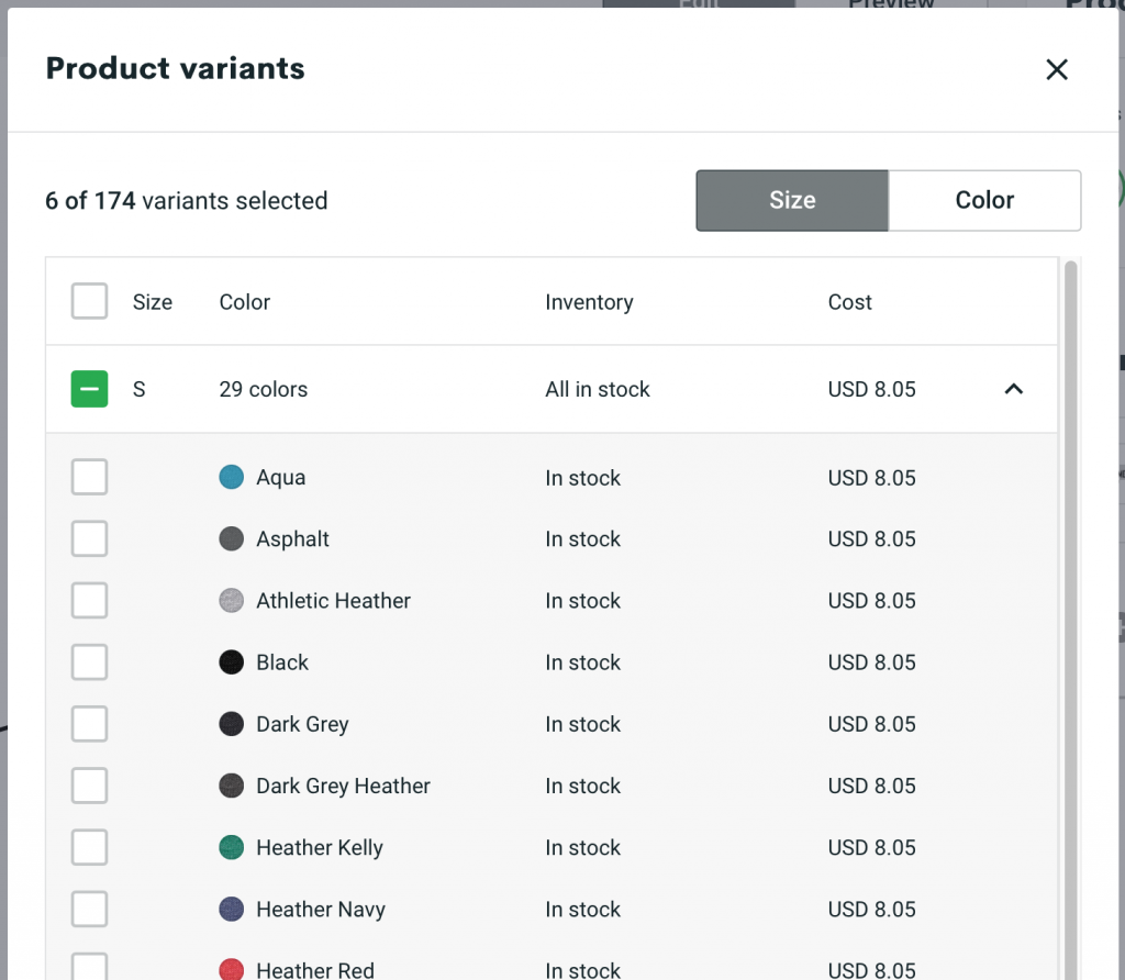 Product sizes and colors